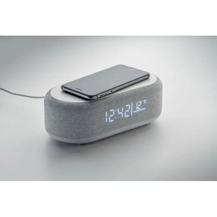 Difuzor de incarcare fara fir de 15 w din material textil gri cu ceas digital integrat si pad de incarcare wireless