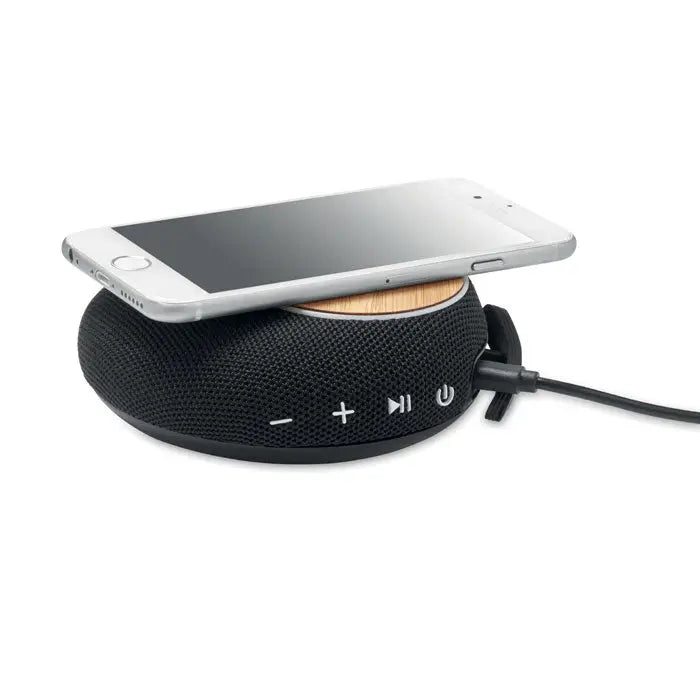 Difuzor multiplu wireless negru invelit in material textil cu partea superioara din lemn si incarcare wireless integrata
