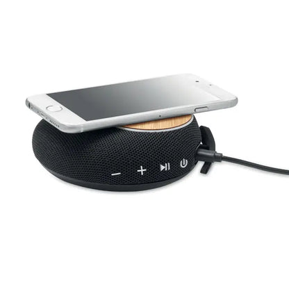 Difuzor multiplu wireless negru invelit in material textil cu partea superioara din lemn si incarcare wireless integrata