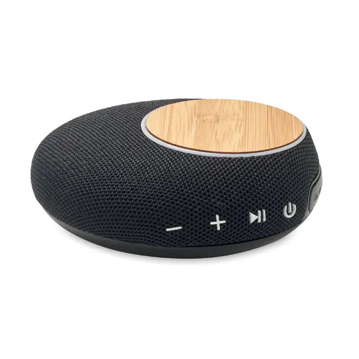 Difuzor multiplu wireless negru cu textură de plasă, panou superior rotund din bambus și butoane de control argintii