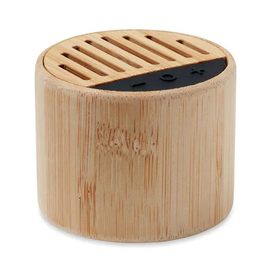 Difuzor rotund din bambus fara fir cu finisaj natural si panou negru cu butoane de volum, play si power