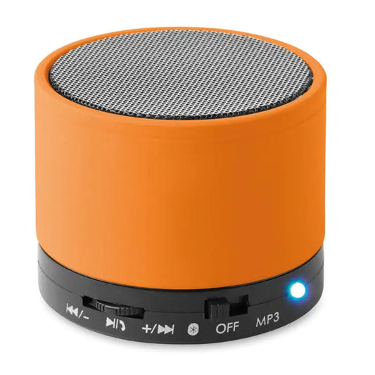 Difuzor rotund wireless portabil cilindric portocaliu cu bază neagră, butoane de control și indicator luminos albastru