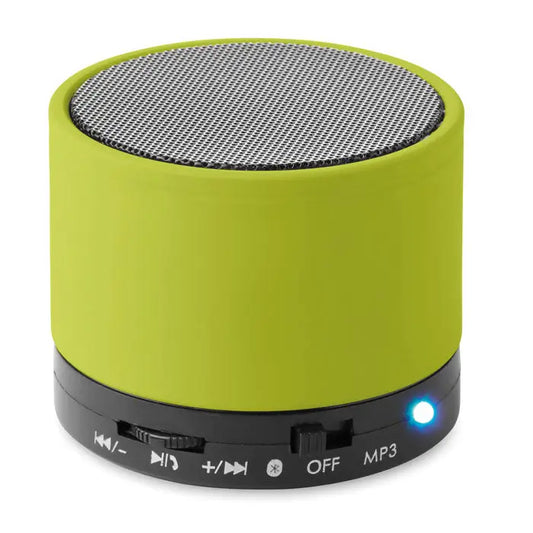 Difuzor rotund wireless cilindric verde lime cu grilaj metalic argintiu andez bază neagră cu butoane și indicator iluminat