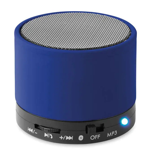 Difuzor rotund wireless albastru cilindric cu grilaj argintiu din metal si baza neagra cu butoane de control