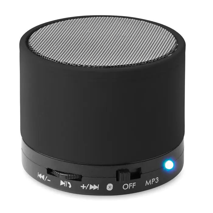 Difuzor rotund wireless negru cu grila argintie metalica si butoane de control pe baza