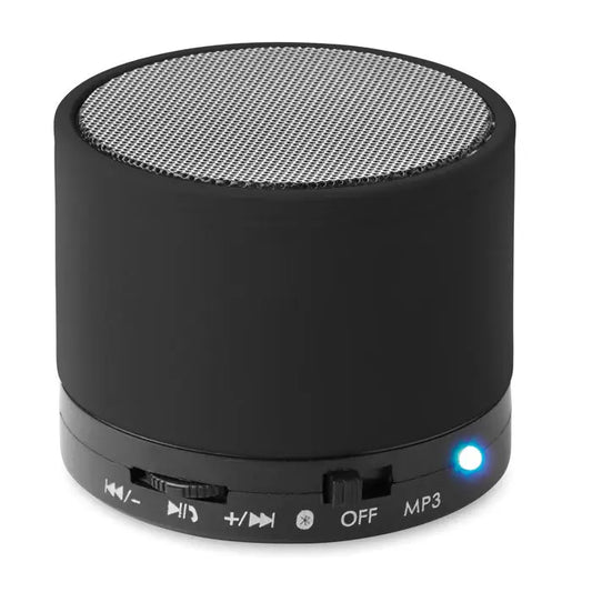 Difuzor rotund wireless negru cu grila argintie metalica si butoane de control pe baza