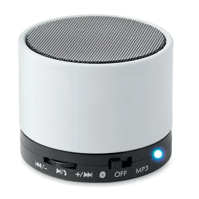 Difuzor rotund wireless alb cilindric cu grilaj negru din mesh si butoane de control la baza