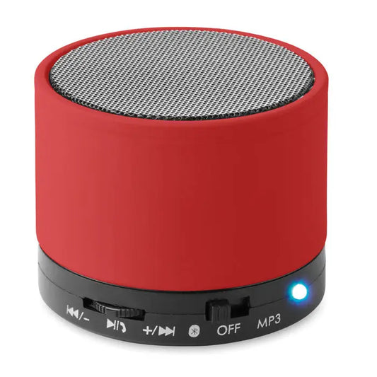 Difuzor rotund wireless roșu cilindric cu grilaj argintiu din plasă și bază neagră cu butoane de control