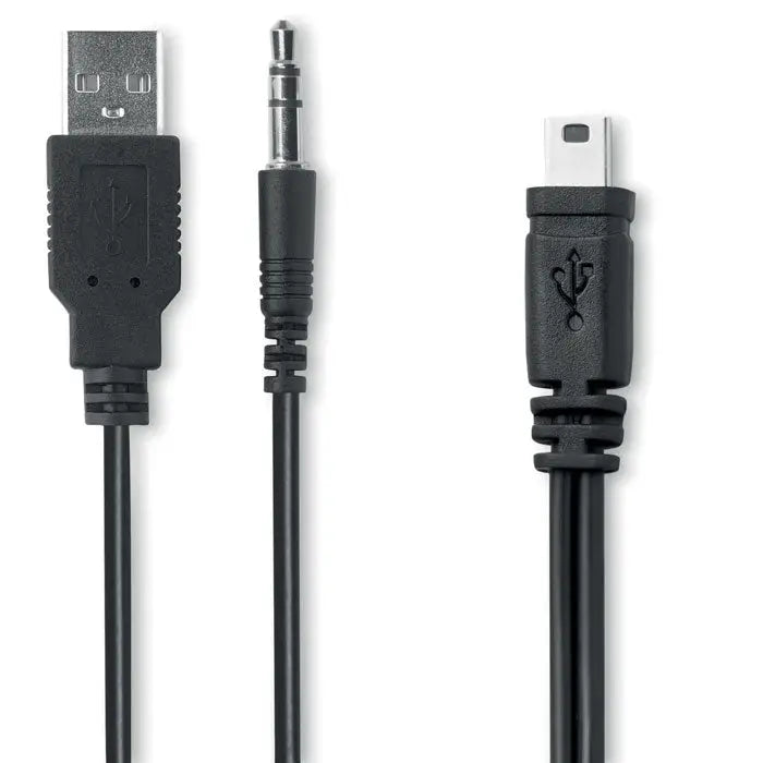 Cablu usb negru cu conector usb-a, jack audio 3 5 mm si mini-usb-b pentru difuzor rotund wireless