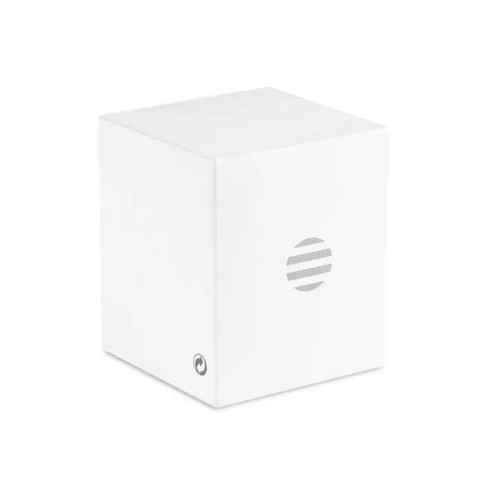 Difuzor rotund wireless alb în formă de cub cu design minimalist și grilaj circular gri subtil în față