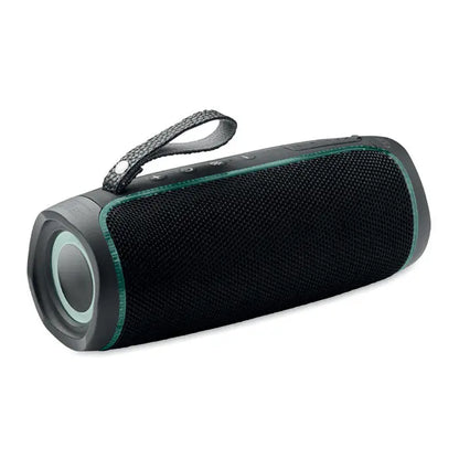 Difuzor wireless 2x5 led ipx4 negru și teal cu corp texturat din material textil și margini cauciucate cu curea integrată