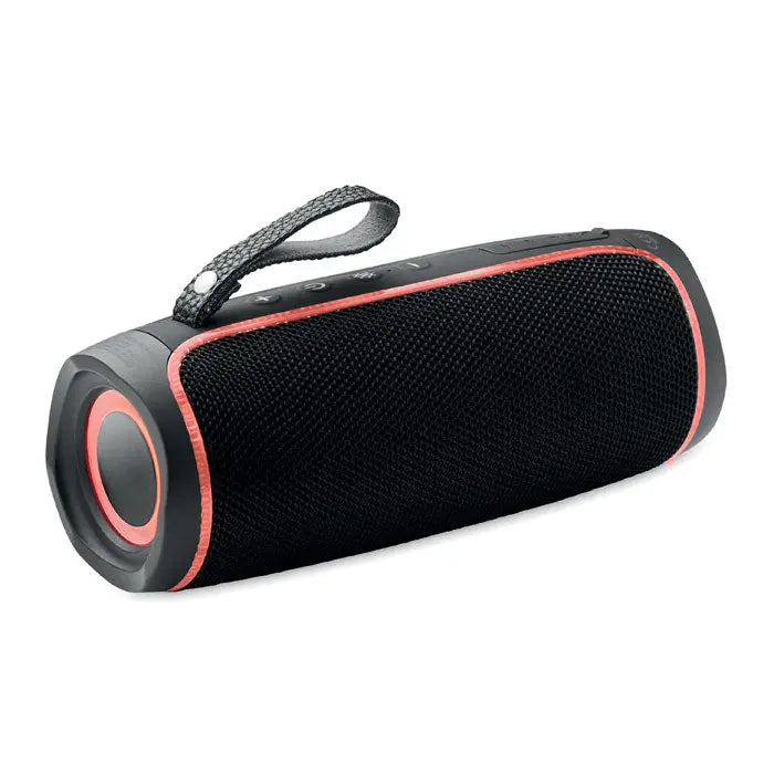 Difuzor wireless 2x5 led ipx4 portabil bluetooth negru și roșu cu corp texturat din material textil și curea de transport integrată