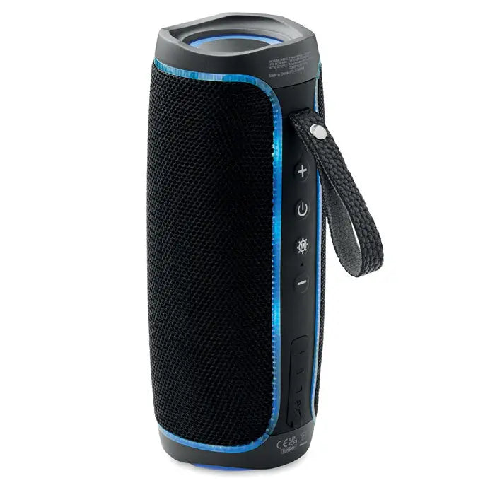 Difuzor wireless negru cu textură de plasă, lumini led albastre și curea de transport ipx4