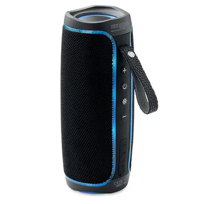 Difuzor wireless negru cu textură de plasă, lumini led albastre și curea de transport ipx4