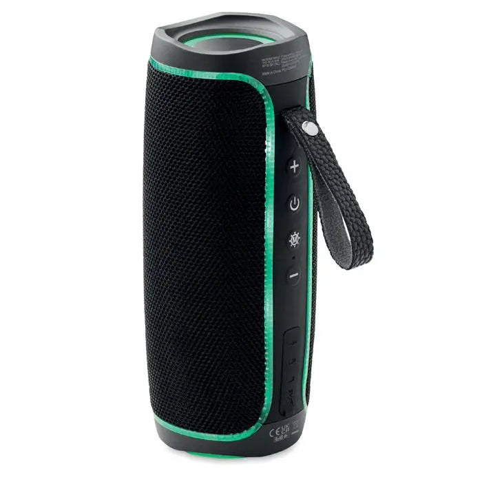 Difuzor wireless negru cu textură plasă, iluminare led verde și curea de transport, rezistent ipx4