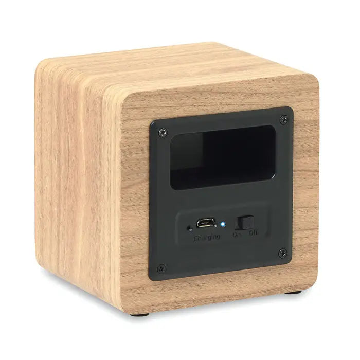Difuzor wireless 3w cu finisaj lemn si panou negru cu port usb-c si comutator de pornire la vedere