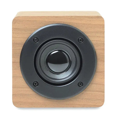 Difuzor wireless 3w din lemn patrat cu difuzor negru rotund fixat cu patru suruburi pe panoul frontal