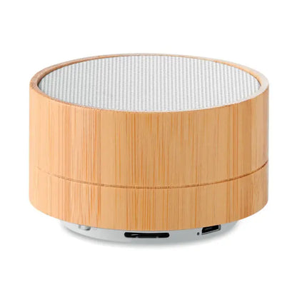 Difuzor wireless bamboo de 3w compact cilindric cu exterior natural din bambus si grilaj alb cu accent argintiu la baza