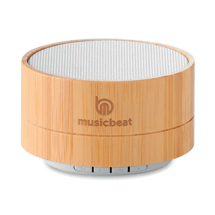 Difuzor wireless bamboo de 3w cilindric cu textură de bambus, grilaj alb și butoane argintii de control de la musicbeat