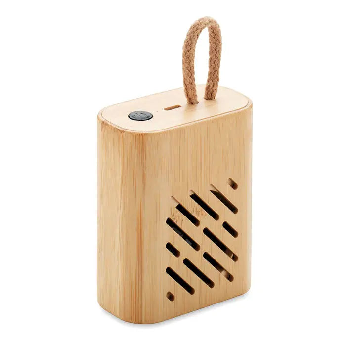 Difuzor wireless bamboo de 3w compact, maro deschis, din bambus cu mâner împletit și grilaj diagonal