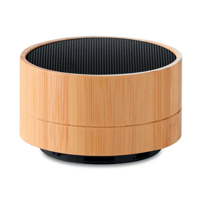 Difuzor wireless compact de 3w cu finisaj bamboo si grila neagra, design circular pentru sunet portabil