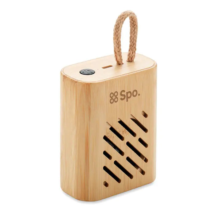 Difuzor wireless bamboo de 3w maro deschis din bambus cu mâner împletit și grilaj înclinant cu sloturi