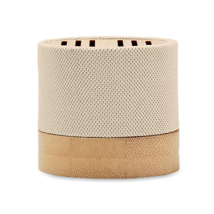 Difuzor wireless bamboo rpet bej cilindric texturat din plasă cu bază din bambus și capac cu fante