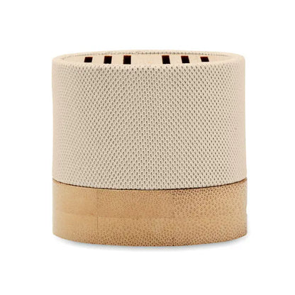 Difuzor wireless bamboo rpet bej cilindric texturat din plasă cu bază din bambus și capac cu fante