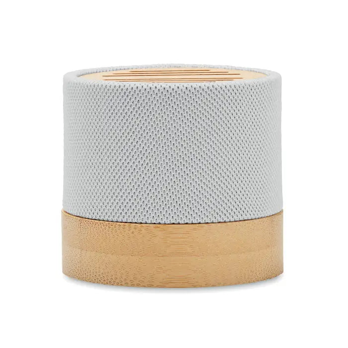 Difuzor wireless cylindrical alb cu corp texturat din material rpet si bază din bambus