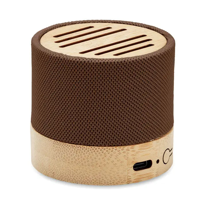 Difuzor wireless bamboo rpet cilindric maro și lemn deschis cu carcasă textilă și accente din bambus