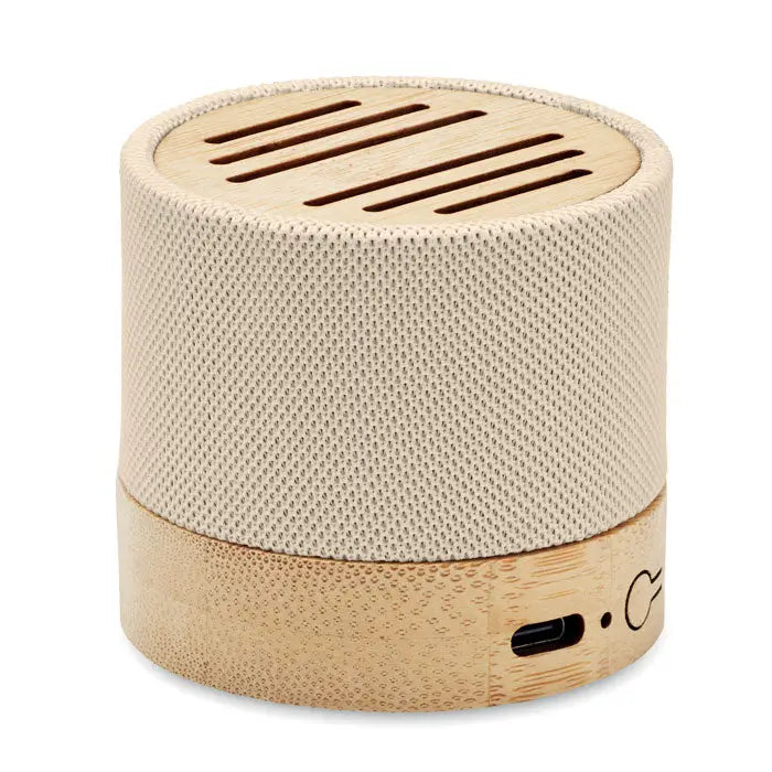Difuzor wireless bamboo rpet cilindric bej cu mesh si accente din bambus pentru sunet portabil usb-c la baza