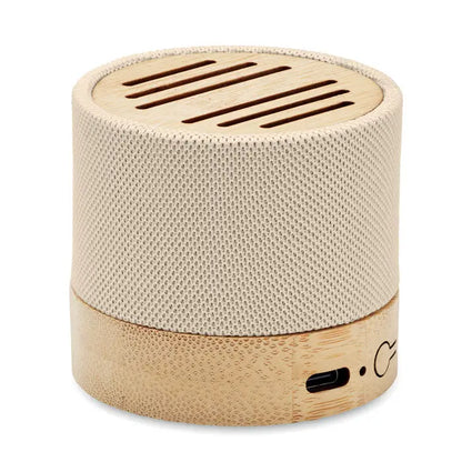 Difuzor wireless bamboo rpet cilindric bej cu mesh si accente din bambus pentru sunet portabil usb-c la baza