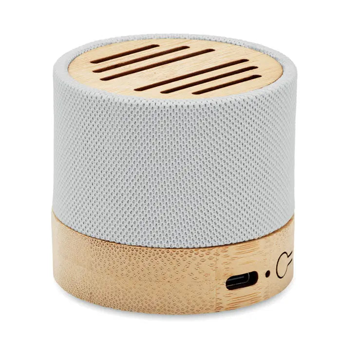 Difuzor wireless bamboo rpet compact cilindric cu corp gri deschis din tesatura texturata si accente din lemn natural