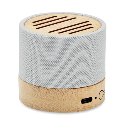 Difuzor wireless bamboo rpet compact cilindric cu corp gri deschis din tesatura texturata si accente din lemn natural