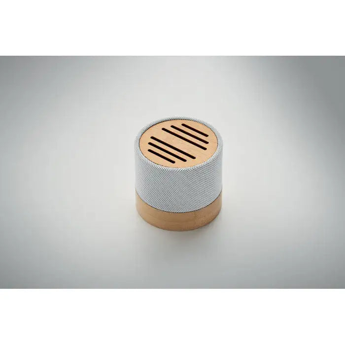 Difuzor wireless bamboo rpet compact cilindric gri cu textură de pânză și accente din lemn natural pentru sunet clar