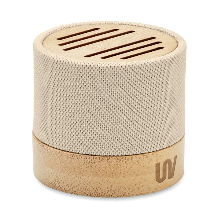 Difuzor wireless bamboo rpet cilindric bej cu țesătură și capace din bambus cu fante orizontale pe capac