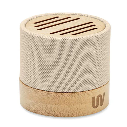 Difuzor wireless bamboo rpet cilindric bej cu țesătură și capace din bambus cu fante orizontale pe capac