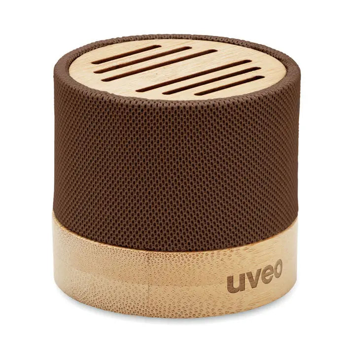 Difuzor wireless bamboo rpet maro cu corp cilindric din lemn natural si textil, cu accente din bambus si brandul uveo gravat