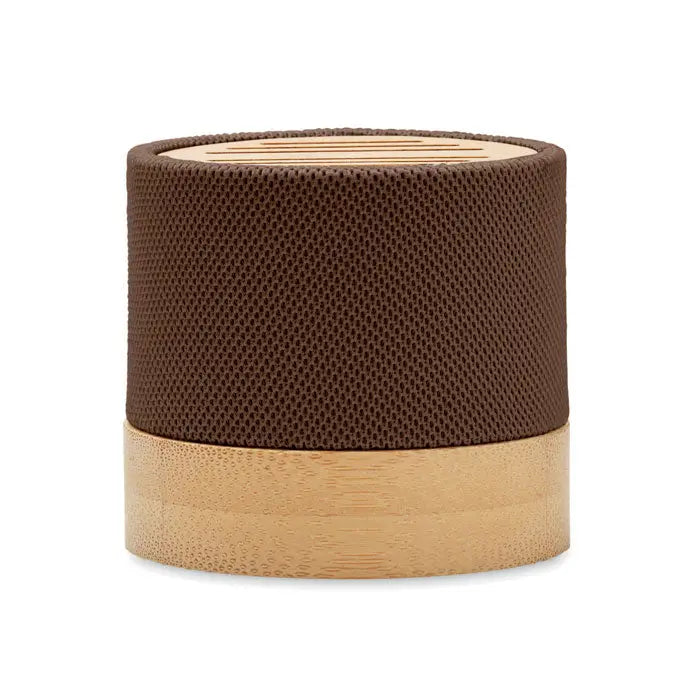 Difuzor wireless bamboo rpet cilindric maro texturat cu bază și capac din bambus