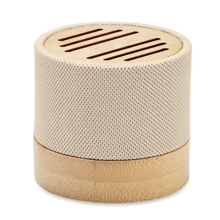 Difuzor wireless bamboo rpet cilindric bej cu textură de plasă și accente din bambus, cu fante orizontale pentru sunet