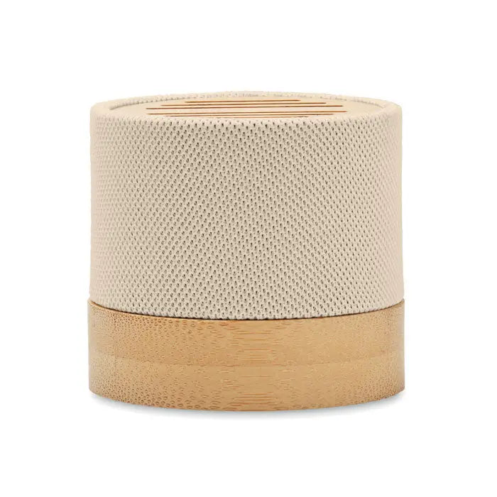 Difuzor wireless bamboo rpet cilindric bej cu textură de plasă și bază din bambus natural