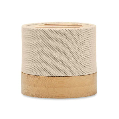 Difuzor wireless bamboo rpet cilindric bej cu textură de plasă și bază din bambus natural