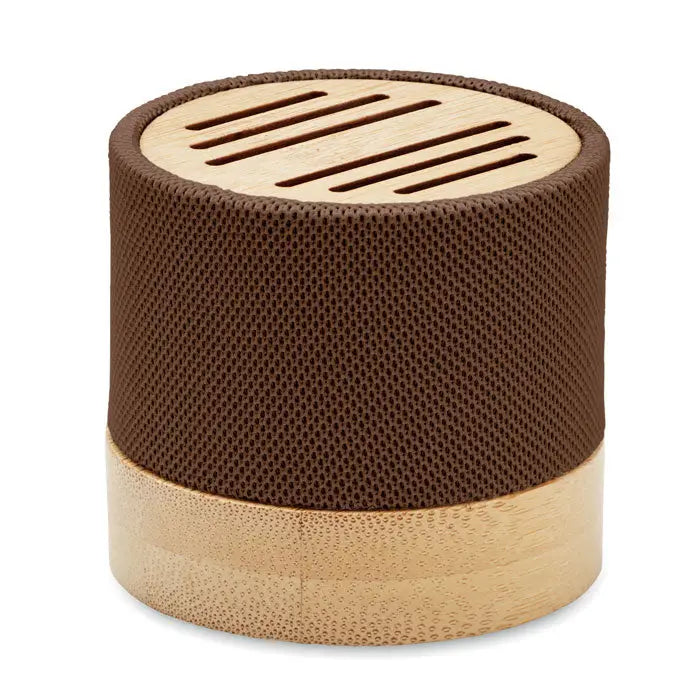 Difuzor wireless bamboo rpet maro cilindric cu textură de plasă și accente din bambus pe capac și bază din lemn