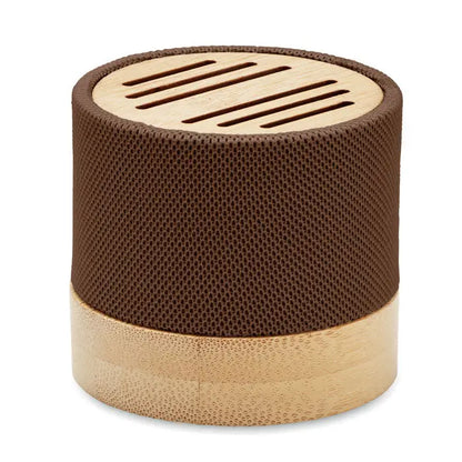 Difuzor wireless bamboo rpet maro cilindric cu textură de plasă și accente din bambus pe capac și bază din lemn