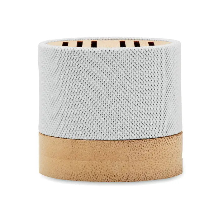 Difuzor wireless bamboo rpet alb cu textură de plasă cilindrică și bază naturală din bambus cu grilă superioară fantezată