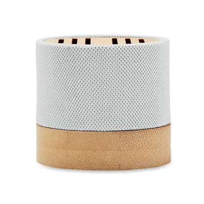 Difuzor wireless bamboo rpet alb cu textură de plasă cilindrică și bază naturală din bambus cu grilă superioară fantezată