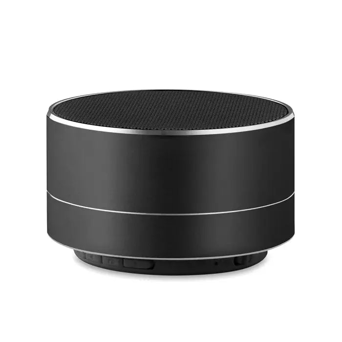 Difuzor wireless de 3w cilindric negru cu grilaj texturat si inele argintii pentru sunet portabil