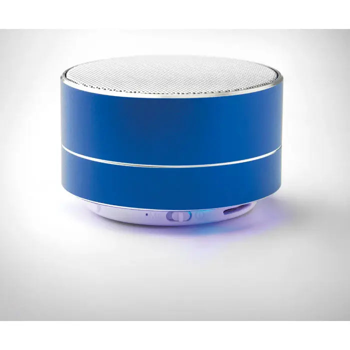 Difuzor wireless de 3w albastru cilindric cu plasă metalică argintie și accente albe pentru sunet portabil