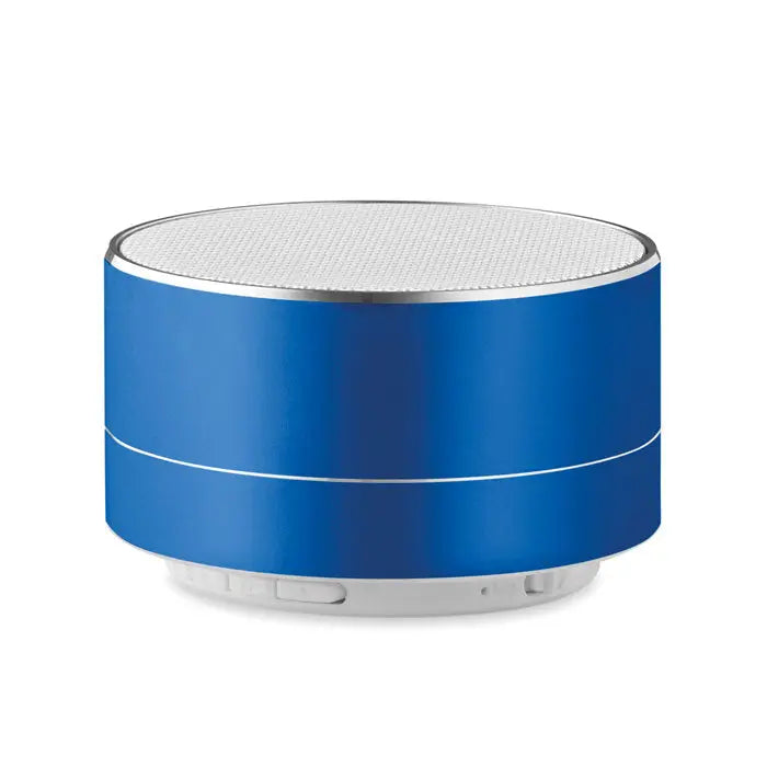 Difuzor wireless de 3w albastru cilindric cu partea superioara din plasa argintie si finisaj metalic