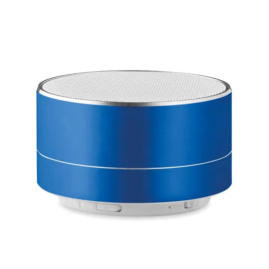 Difuzor wireless de 3w albastru cilindric cu partea superioara din plasa argintie si finisaj metalic